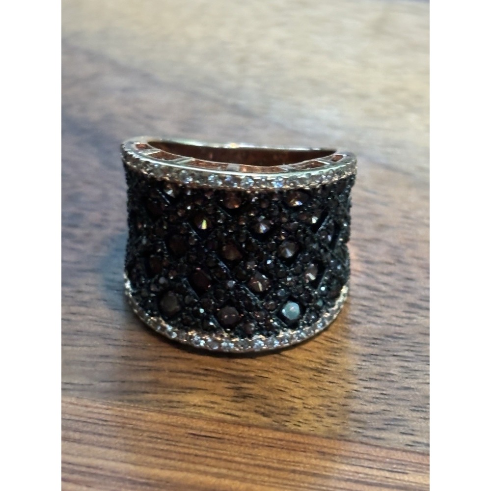 Stunning Cz Rose Gold Tone 925 Sterling Silver Wide Ring Size 6.25